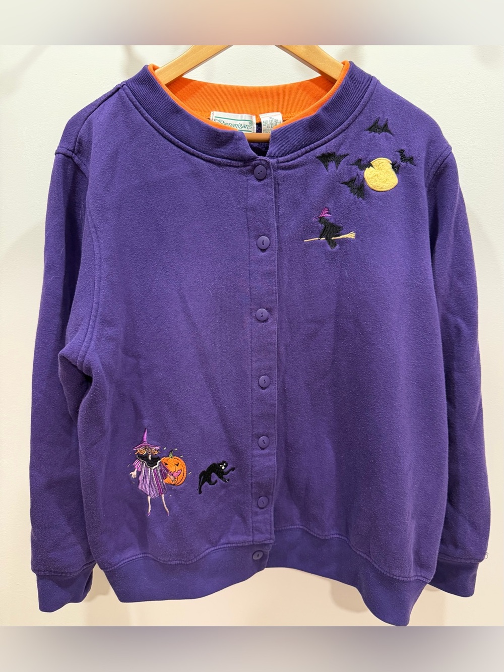 Vintage Shenanigans Halloween Witch Black Cat Embroidered Purple Cardigan, XL